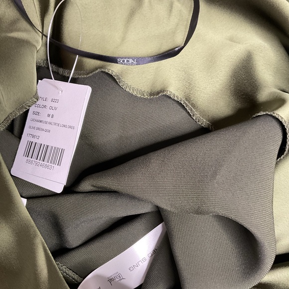 Social Bridesmaids Tie High Neck Halter Olive Green Slip Backless Maxi Dress NWT - Picture 10 of 11